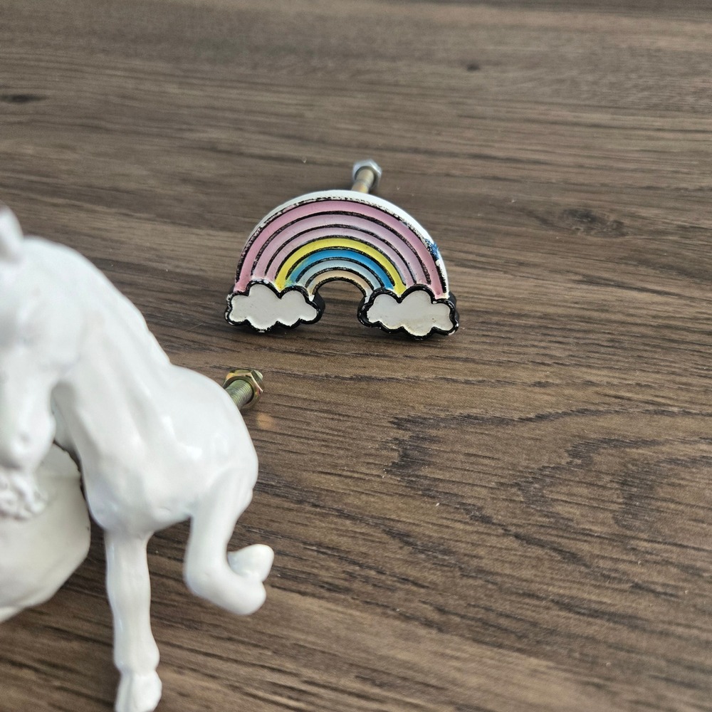 Unicorn and Rainbow Metal Drawer Pulls Knobs Set of 5 White Gold Nursery Decor - Picture 5 of 7